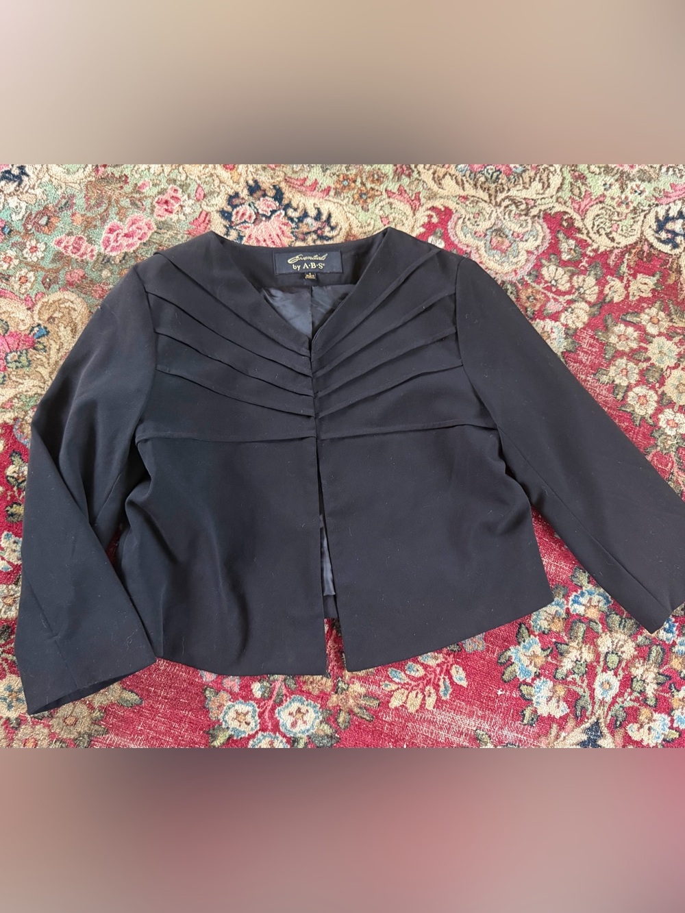 ABS Allen Schwartz black cropped jacket sunburst pleats 3/4 sleeves ladies 4